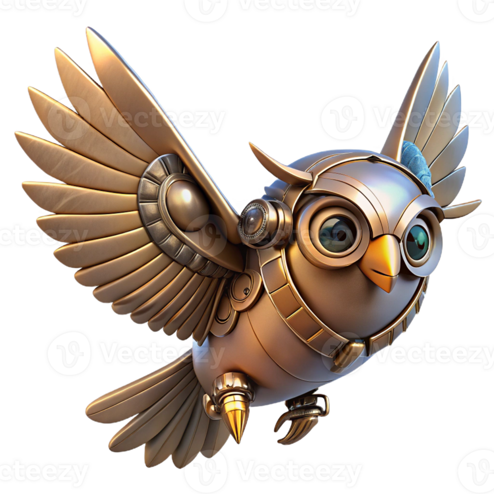 stunning artistic Mechanical Owl in Flight in a Futuristic Three Dimensional Scene of Avian Design premium png