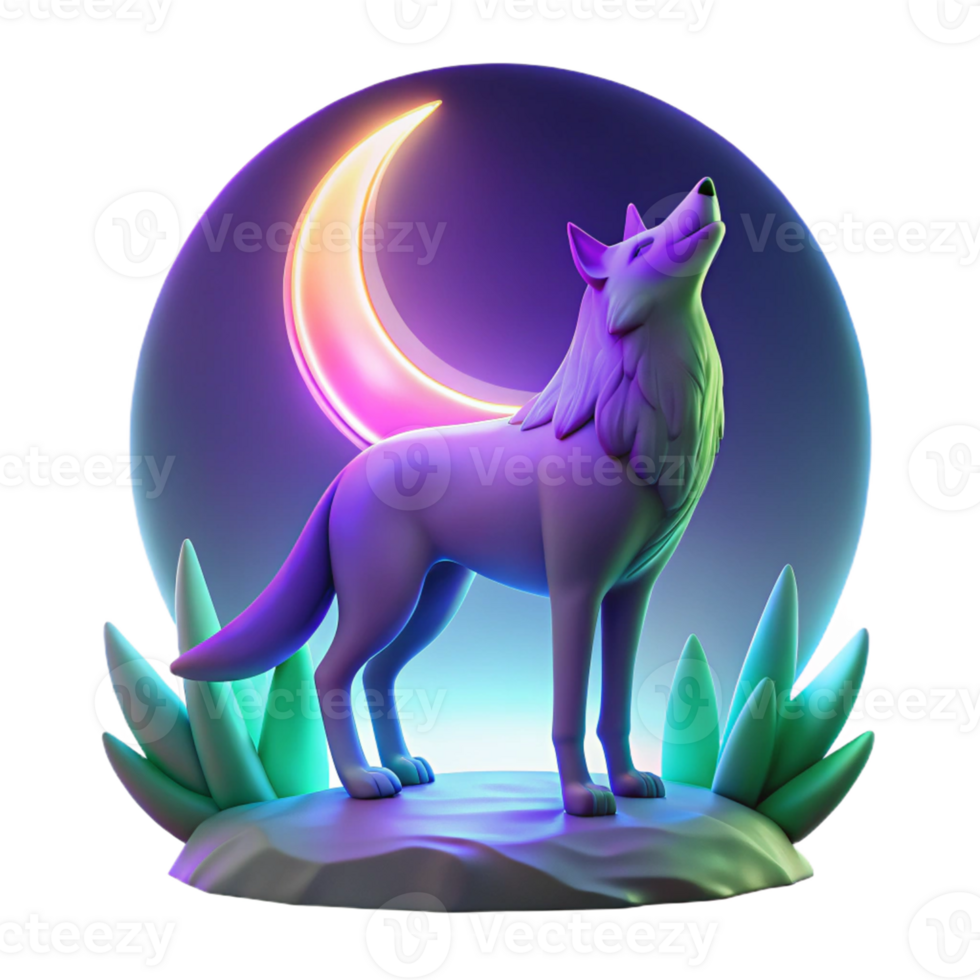 dramatic vintage Neon Wolf Howls at Crescent Moon A vibrant depiction of a wolf howling at the crescent moon with neon elements highlighting its dynamic and modern aesthetic original png