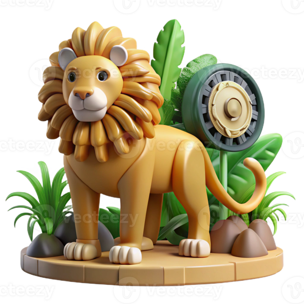 serene modern 3D Render of a Cartoon Lion in a Jungle Setting with Mechanical Elements professional png