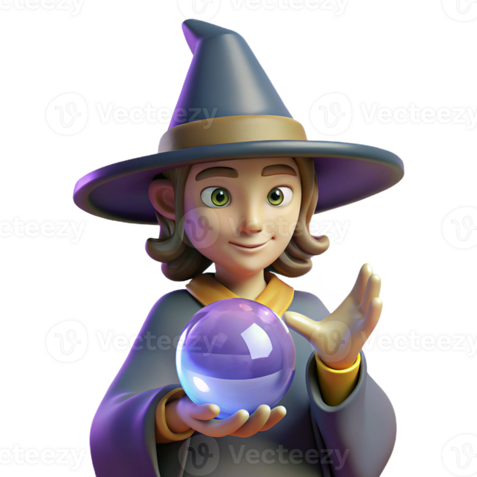 elegant classic Young Witch with Crystal Ball A charming depiction of a young witch holding a crystal ball capturing her magical abilities and whimsical appearance 4K png