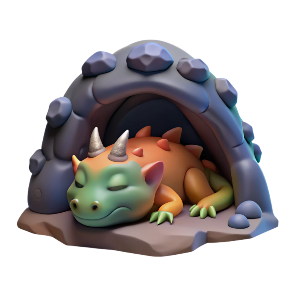 vibrant vintage Digital Render of a Sleeping Dragon in a Cave premium png