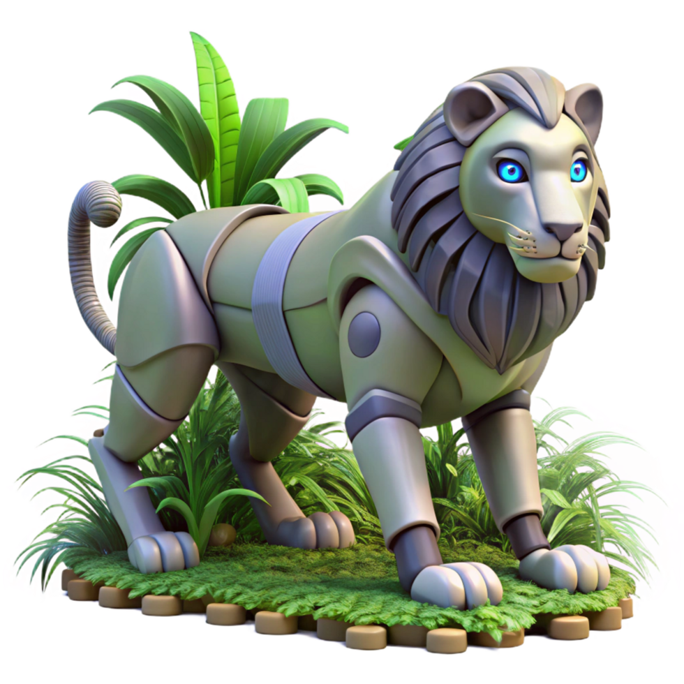 elegant modern Robotic Lion in Lush Jungle Setting Digital Render detailed png