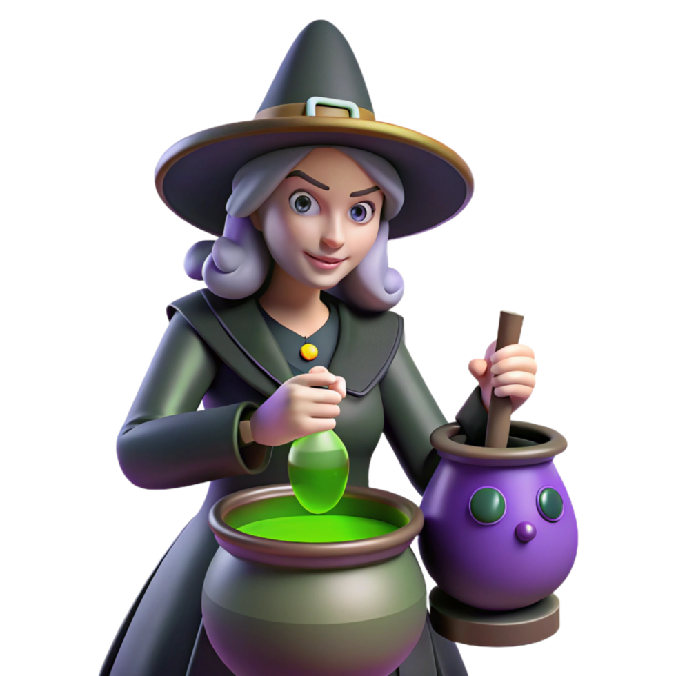wonderful traditional Digital Render of a Witch Brewing a Potion in a Cauldron authentic png