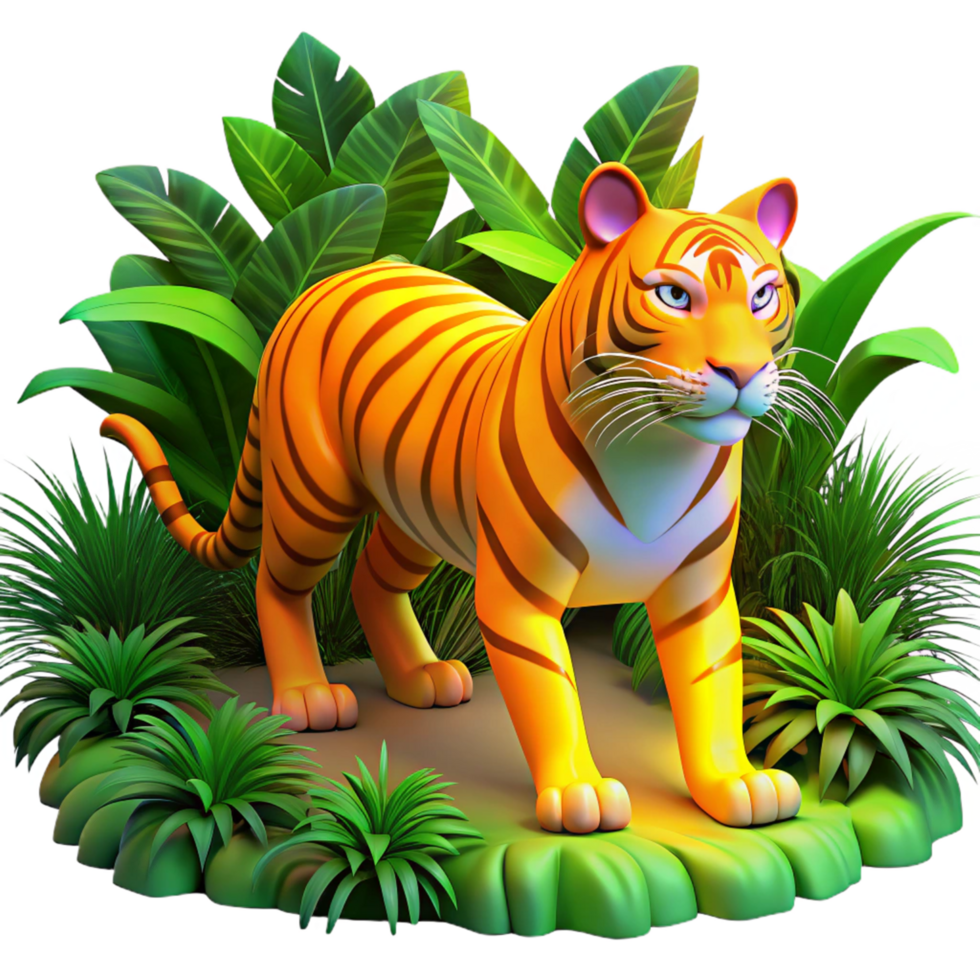 dramatic artistic Cartoon Tiger in Lush Jungle Setting high quality png