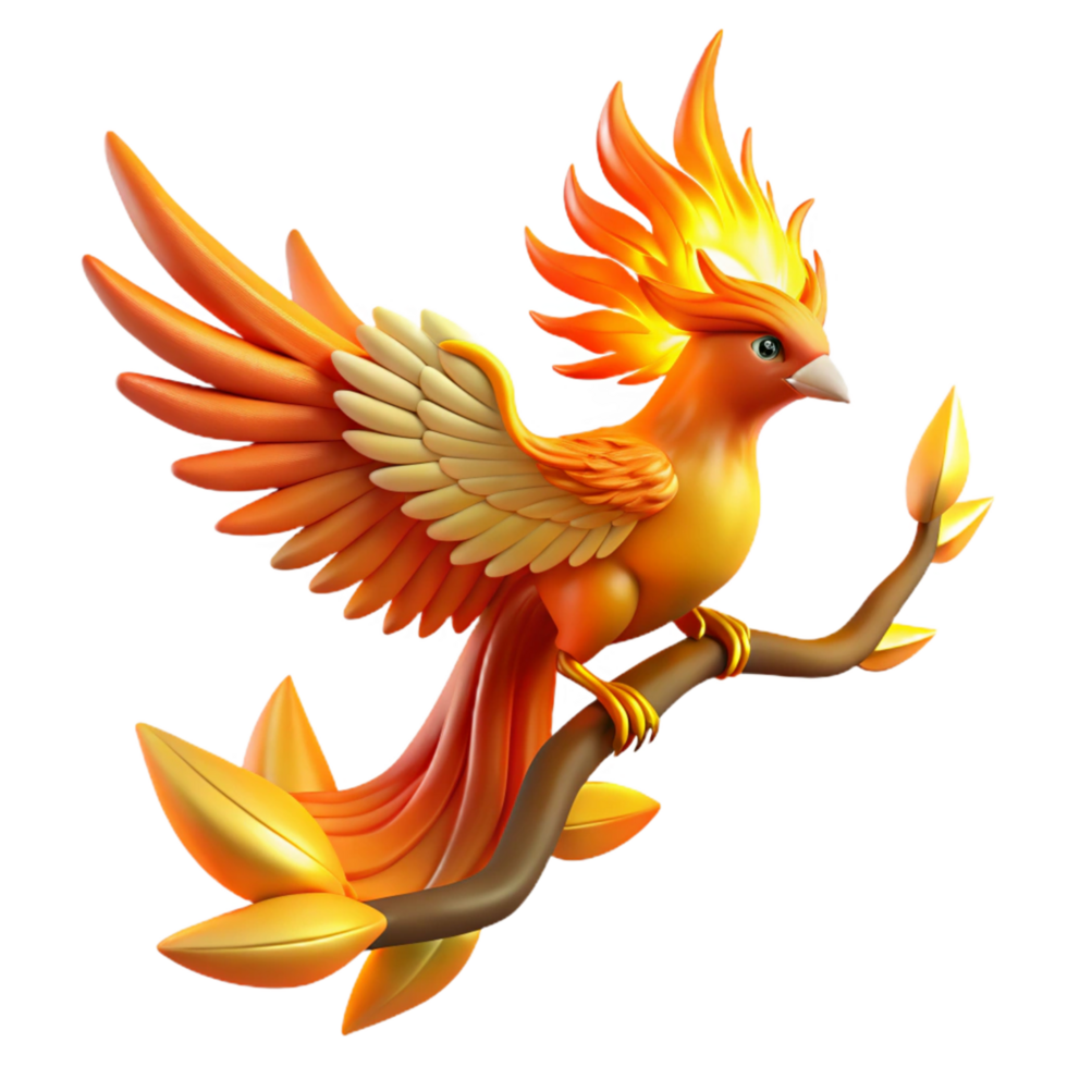 serene contemporary Fiery Bird on Branch Digital Render of Mythical Creature authentic png