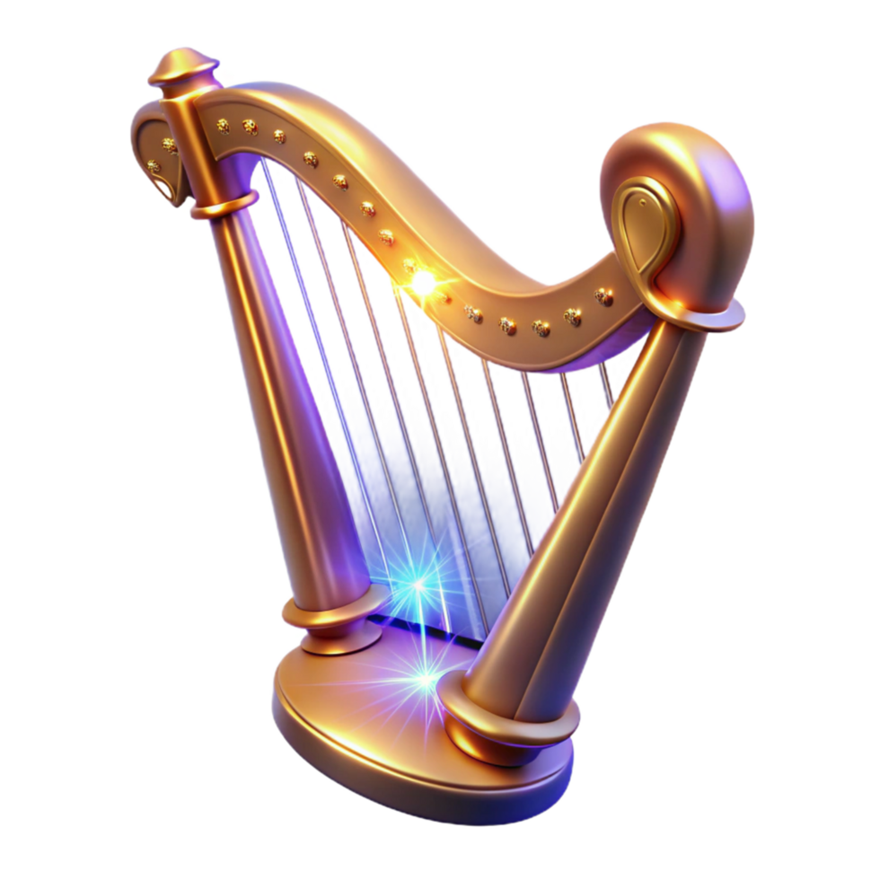 extraordinary vintage Luminous Golden Harp A Digital Render of a Sparkling Stringed Instrument detailed png