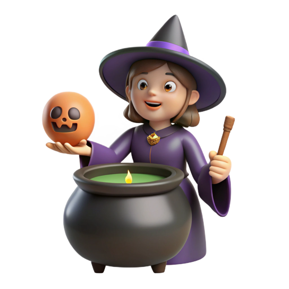 dramatic contemporary 3D Render of a Cute Witch Stirring a Cauldron detailed png