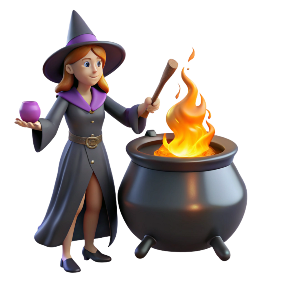 impressive minimalist Digital Render of a Witch Brewing a Potion in a Cauldron 4K png
