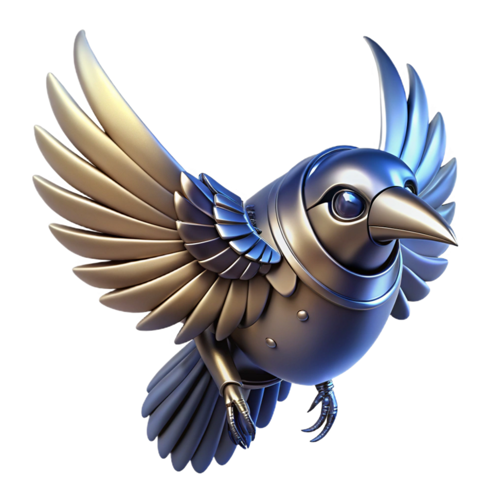 dramatic minimalist Metallic Avian Robot in Flight Digital Render of a Mechanical Bird high quality png