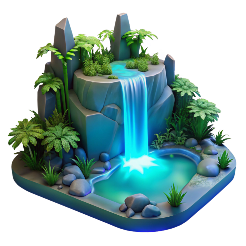 vibrant minimalist Enchanted Waterfall Oasis Digital Render of Lush Tropical Landscape detailed png