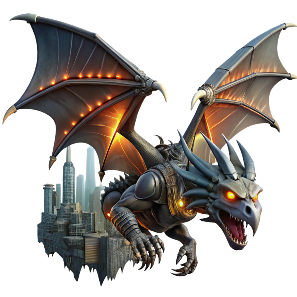 wonderful modern Mechanical Dragon Soaring Over Cityscape genuine png
