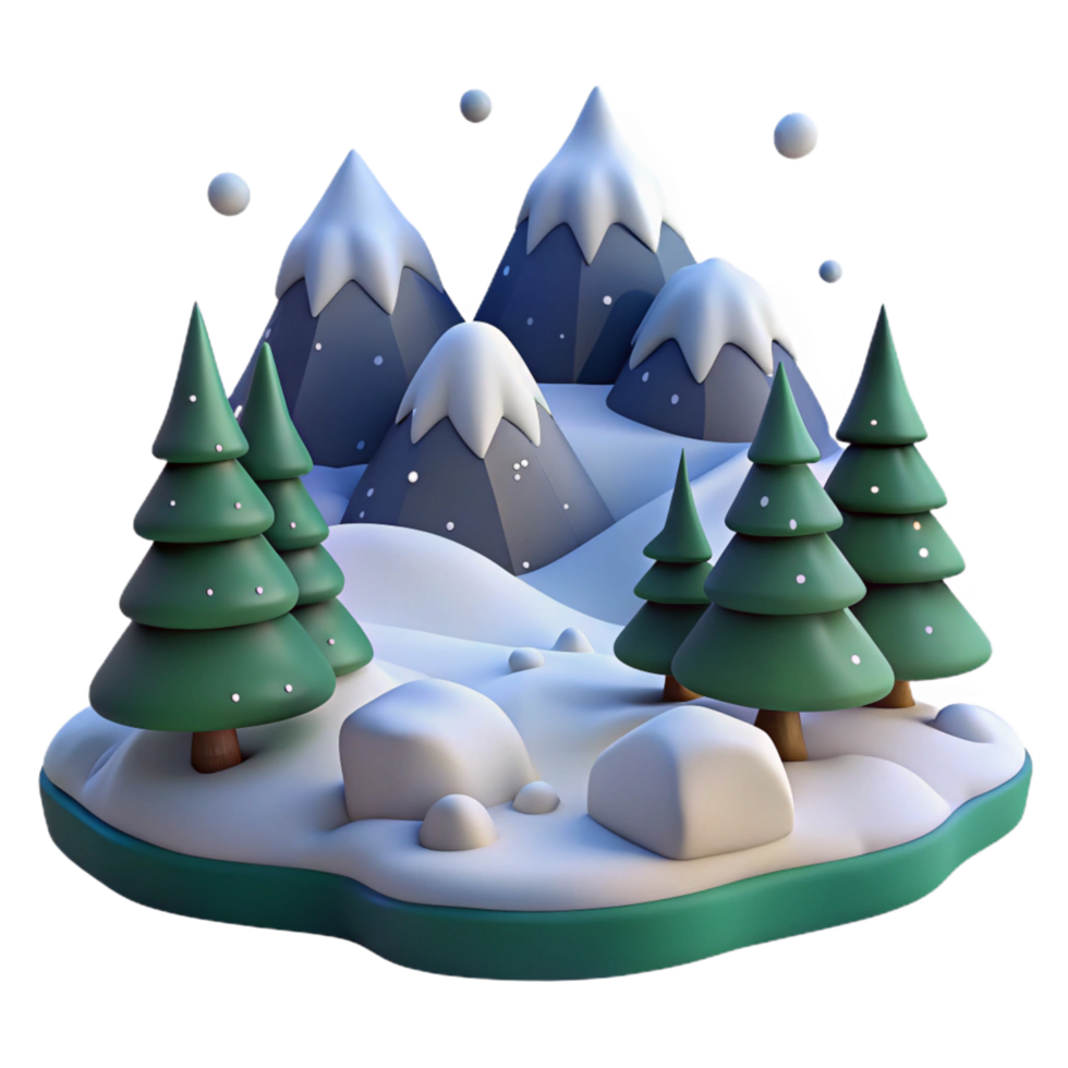 serene artistic Winter Wonderland Digital Render of Snowy Mountains and Evergreen Trees high quality png