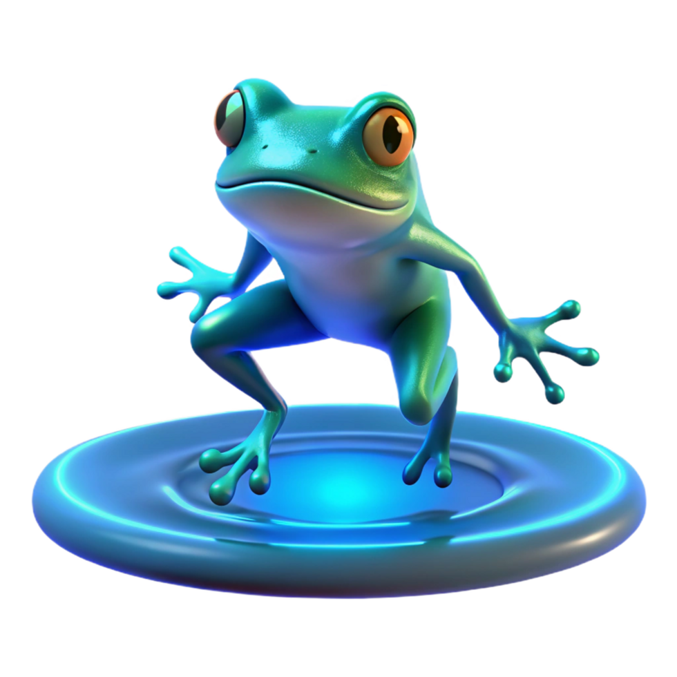 vibrant vintage Digital Render of a Cartoon Frog on a Luminous Pad premium png