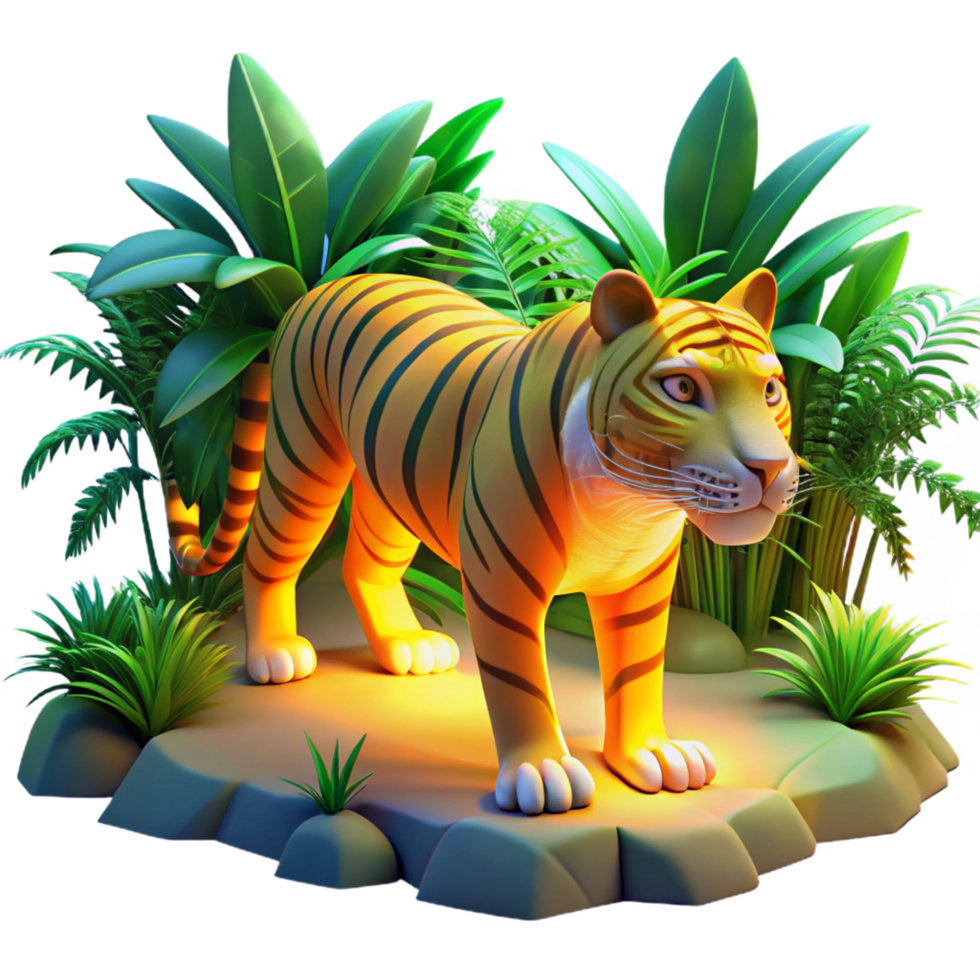 extraordinary minimalist Cartoon Tiger in Lush Jungle Setting detailed png