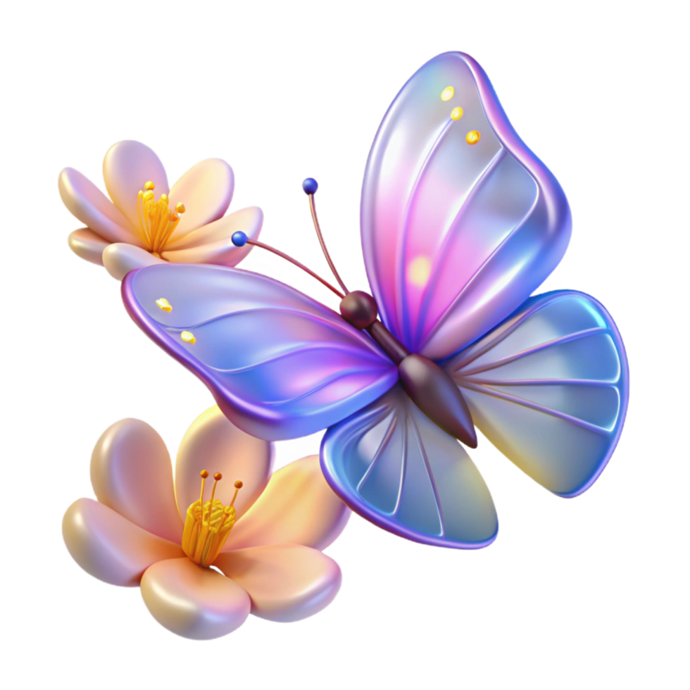 dramatic minimalist Iridescent Butterfly and Flowers A Digital Render high resolution png