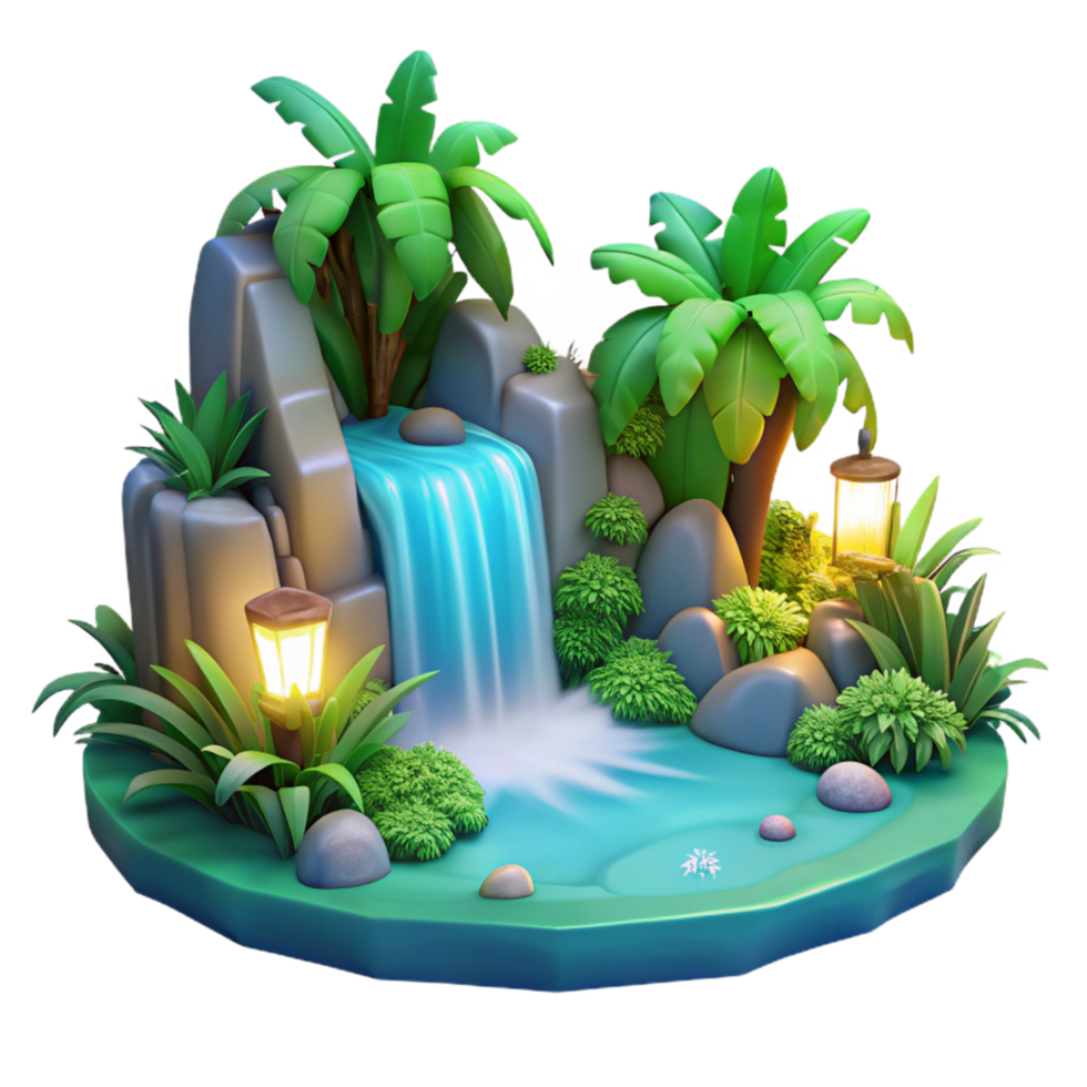 magnificent minimalist Serene Waterfall Oasis Digital Render of Tropical Paradise authentic png