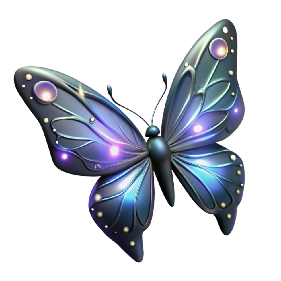 serene rustic Luminous Insect Digital Render of a Metallic Butterfly with Glowing Lights high quality png