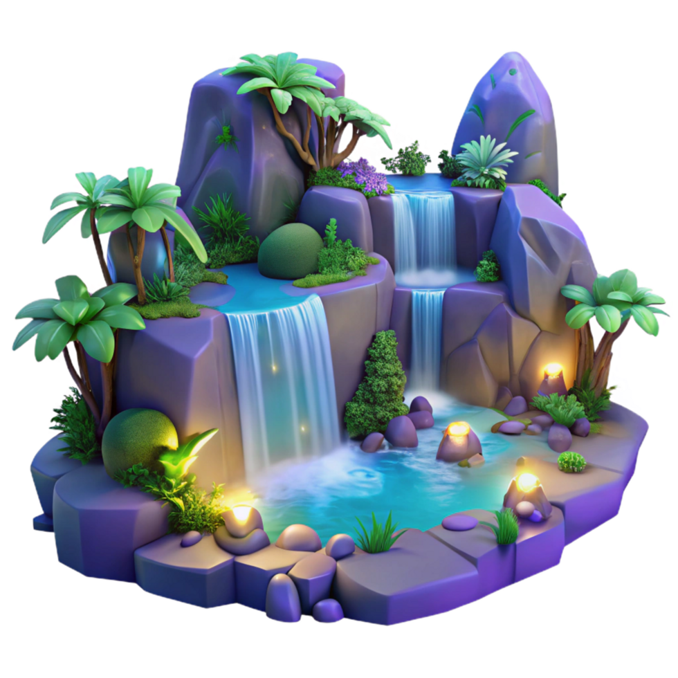 serene modern Enchanted Waterfall Oasis Digital Render of Lush Tropical Landscape exclusive png