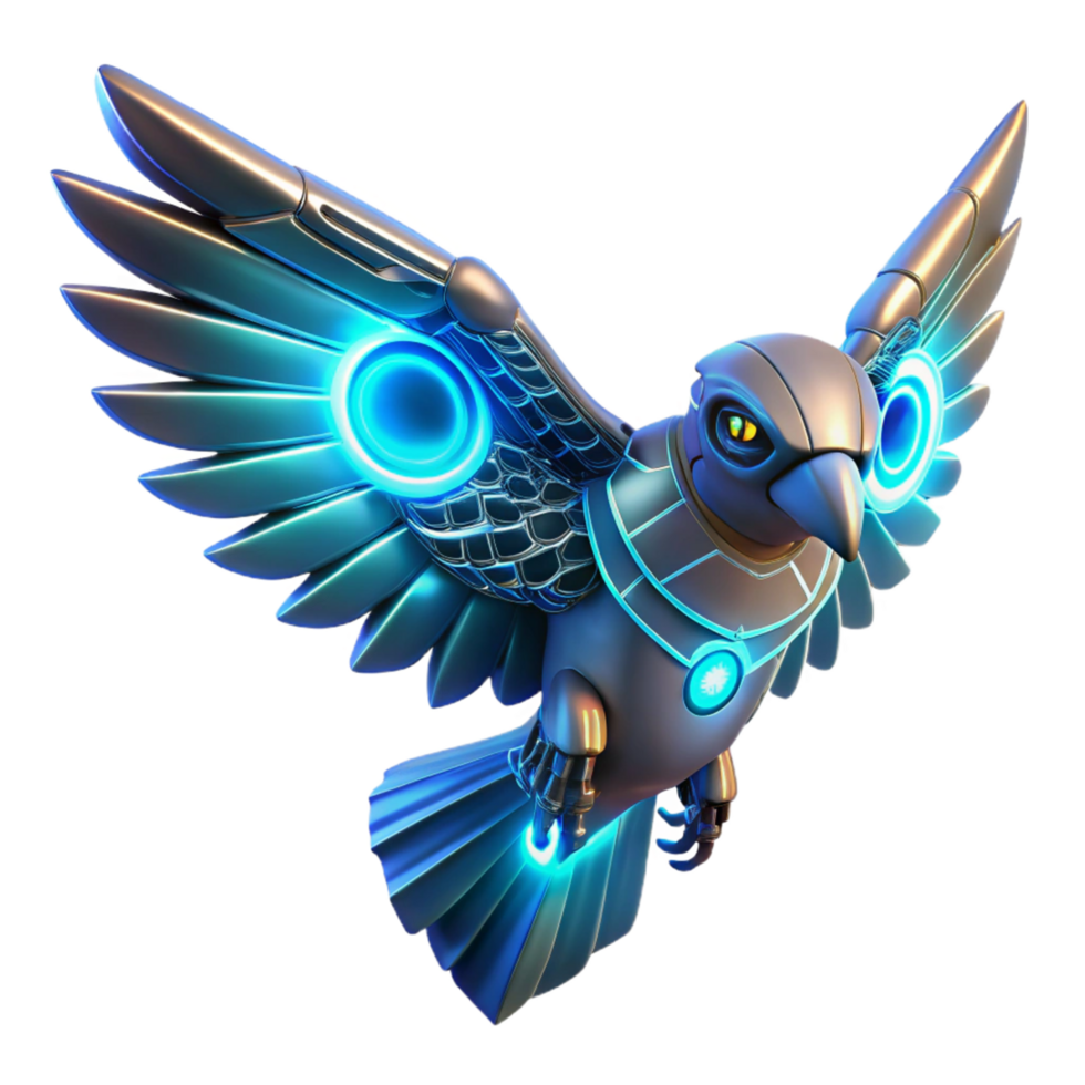 vibrant contemporary Cybernetic Avian Futuristic Robotic Bird in Flight authentic png