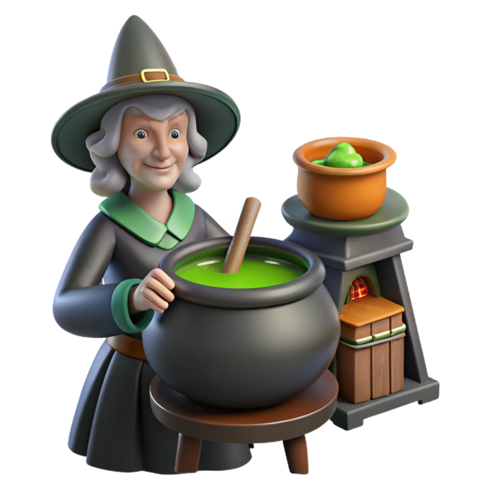 impressive vintage Digital Render of a Witch Brewing a Potion in a Cauldron professional png