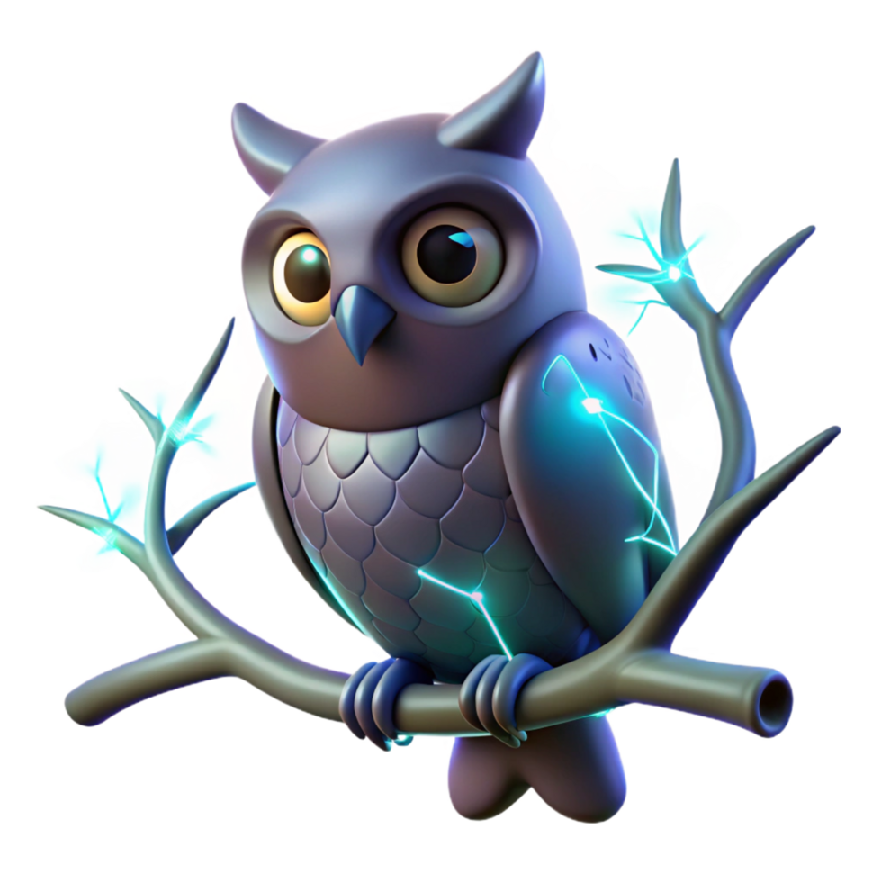 serene minimalist Glowing Owl Perched on Branch 3D Render professional png