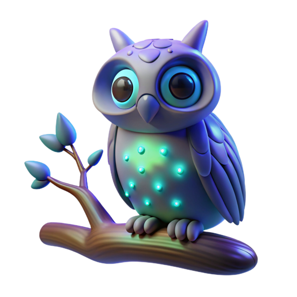 impressive modern Glowing Owl on Branch 3D Render of Cute Night Bird high resolution png