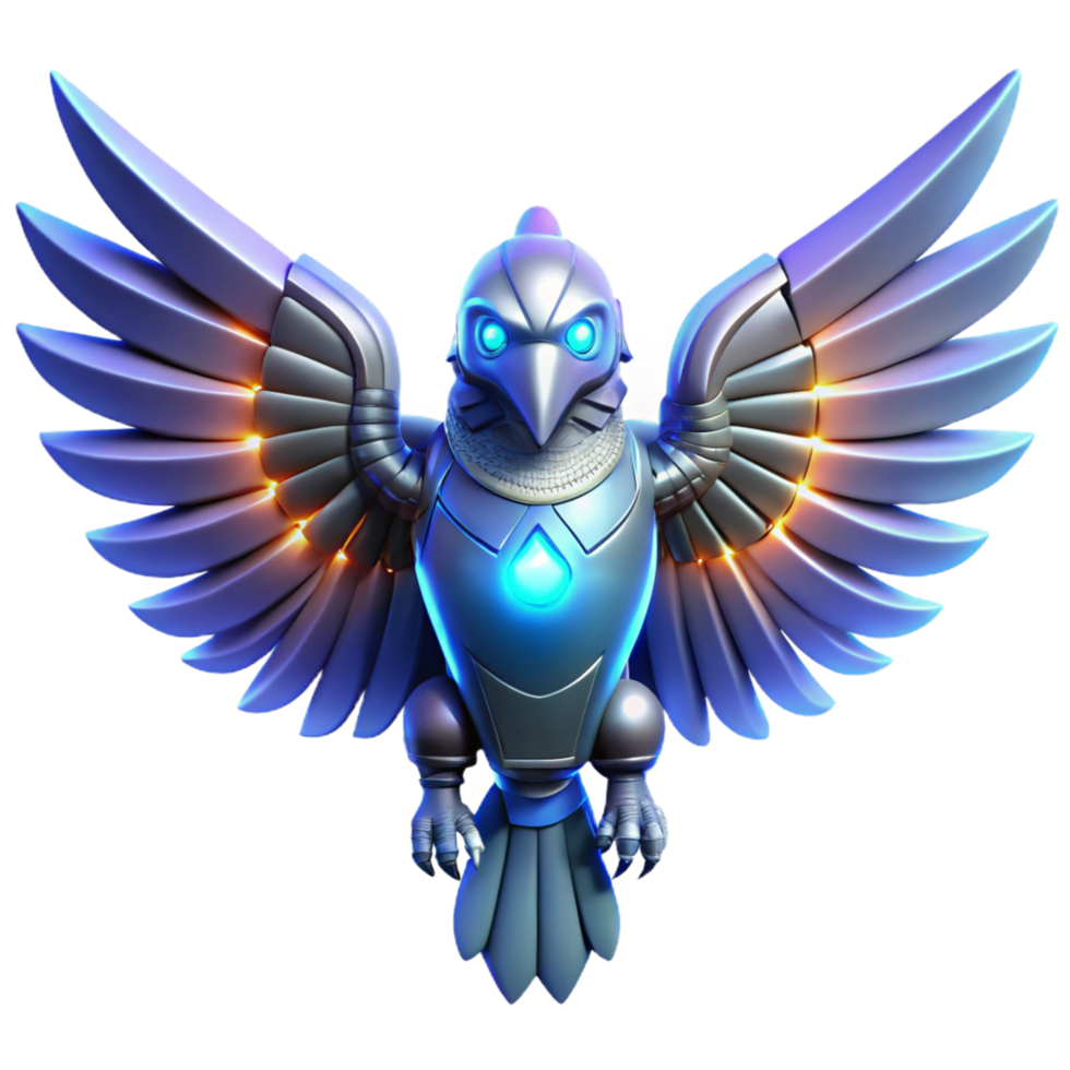 vibrant artistic Cybernetic Avian Mechanical Bird with Illuminated Wings authentic png
