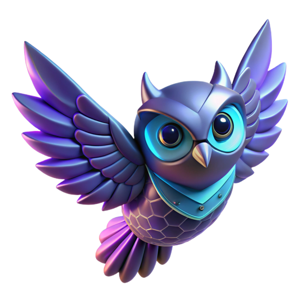 stunning classic Cybernetic Owl in Flight 3D Render of Futuristic Avian high quality png