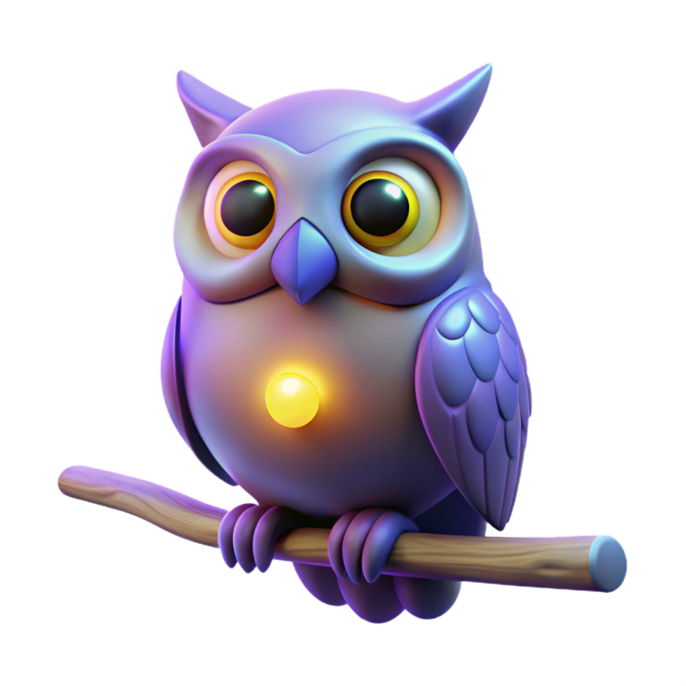 stunning modern Glowing Owl on Branch 3D Render of Cute Night Bird high resolution png