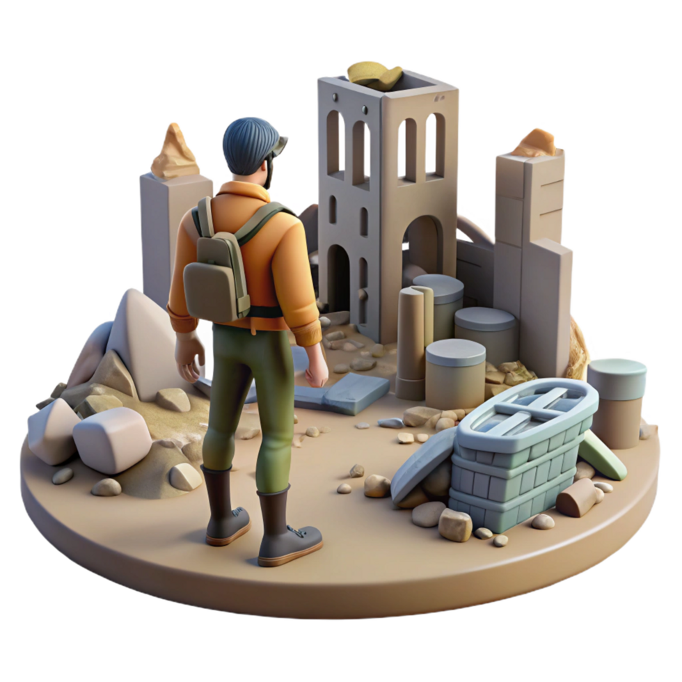 extraordinary minimalist 3D Render of Adventurer Exploring Ancient Ruins genuine png