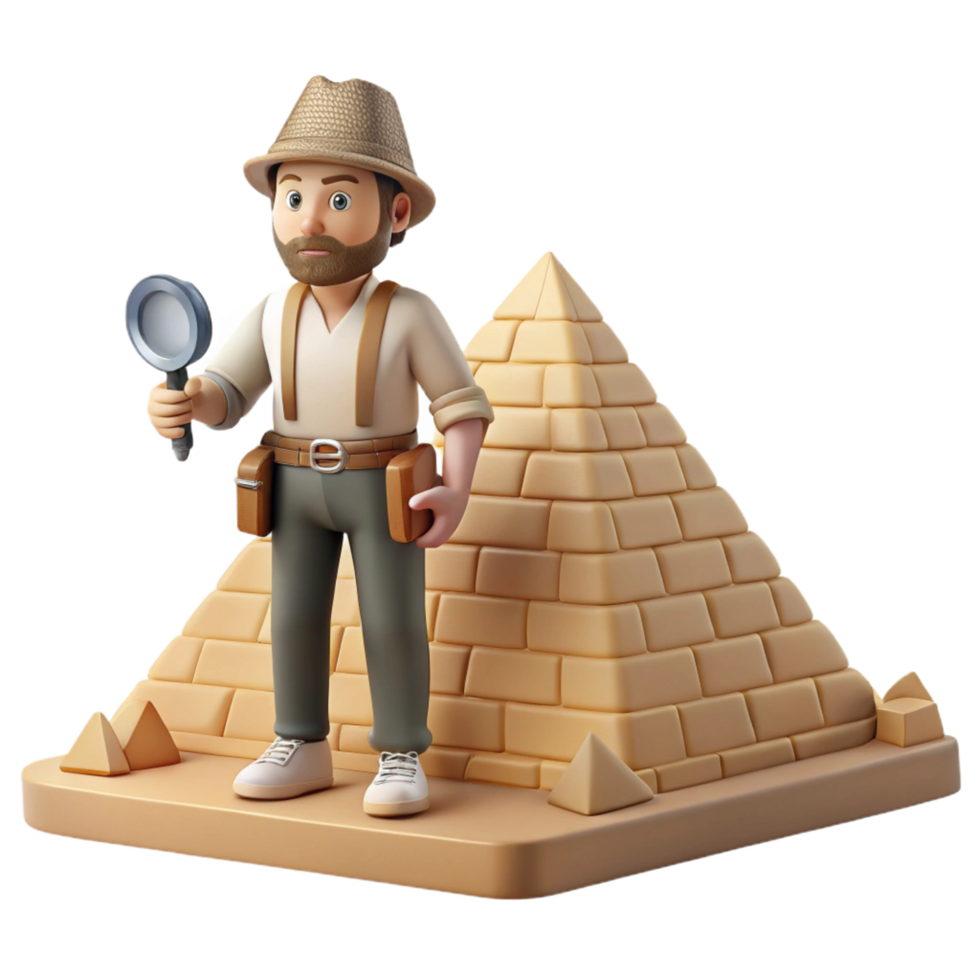 dramatic minimalist 3D Render of an Explorer Investigating Ancient Pyramids high resolution png