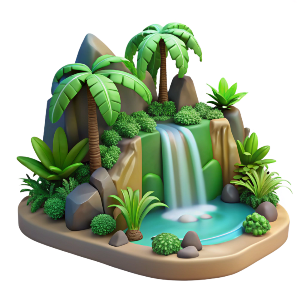 stunning modern Tropical Waterfall Oasis 3D Render of Lush Island Paradise high quality png