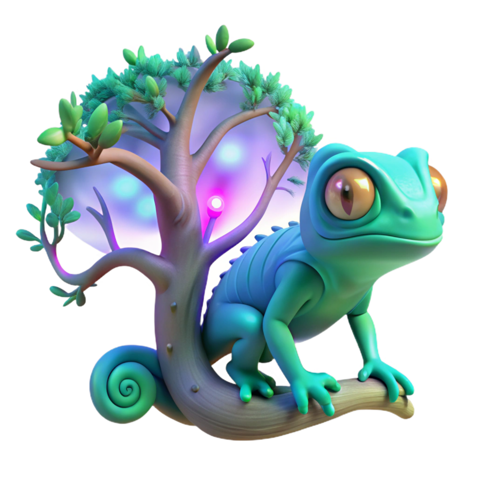 beautiful abstract 3D Render of Cute Cartoon Chameleon on Glowing Tree high quality png