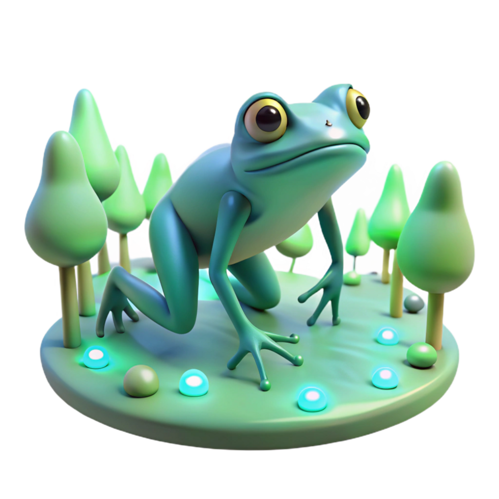 beautiful minimalist 3D Cartoon Frog Illustration in a Forest detailed png