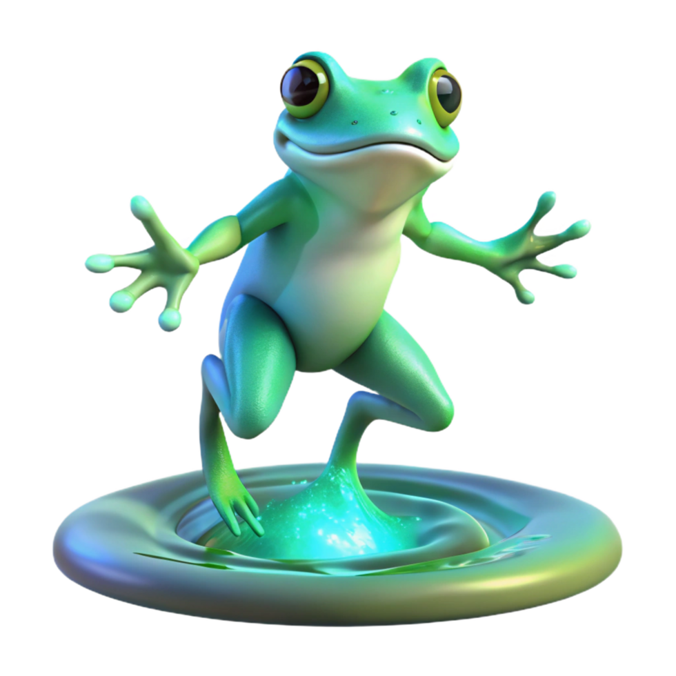 stunning abstract 3D Illustration of a Playful Green Frog Dancing on a Glowing Water Lily Pad high resolution png