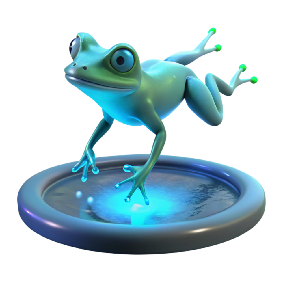 elegant artistic 3D Illustration of a Playful Frog Leaping into a Glowing Pool of Water high resolution png