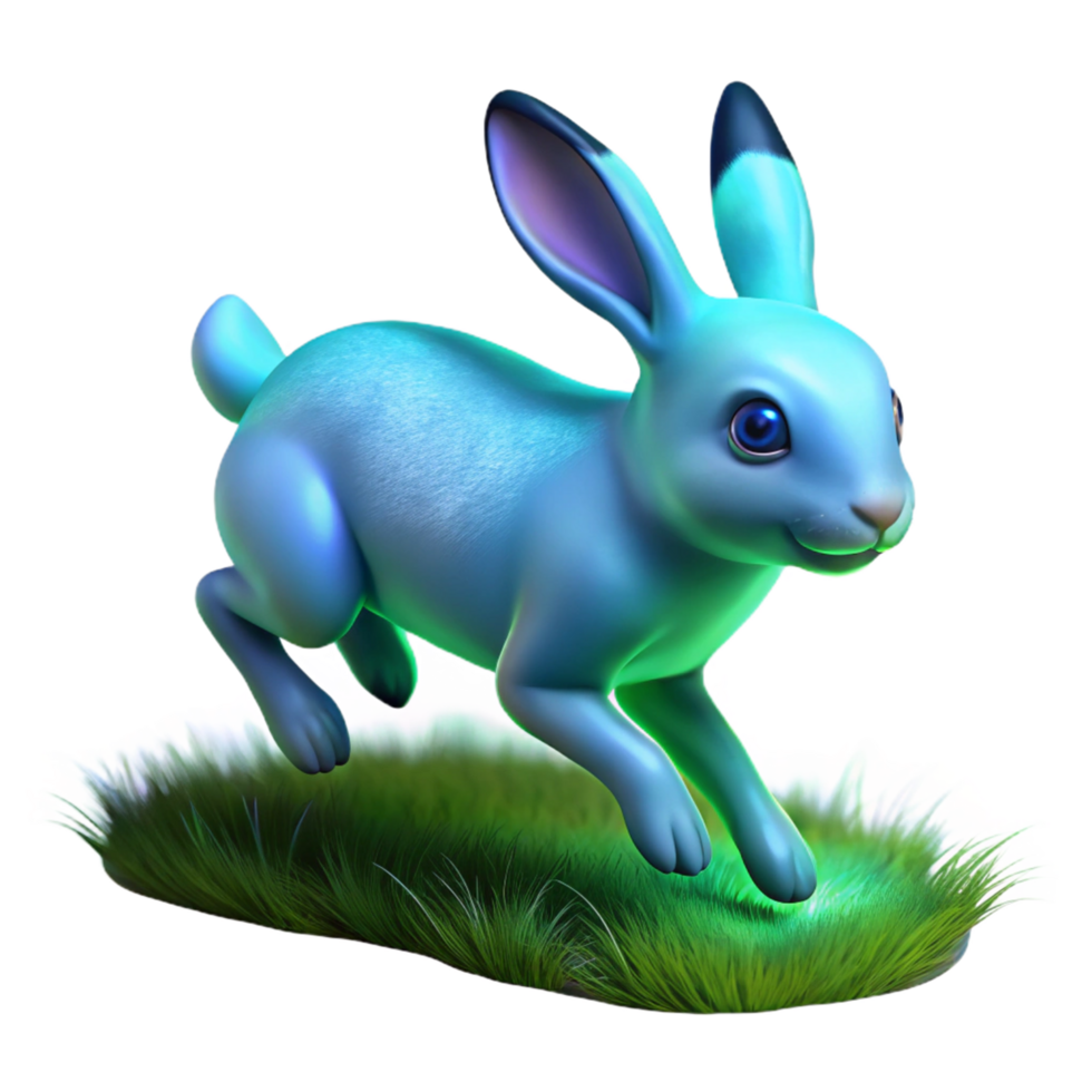 dramatic rustic 3D Render of a Blue Bunny Hopping on Grass authentic png