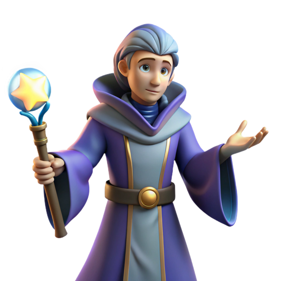 stunning artistic 3D Render Young Wizard with Staff genuine png