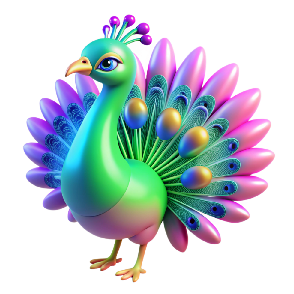 wonderful abstract Vibrant 3D Illustration of a Cartoon Peacock with Colorful Plumage exclusive png