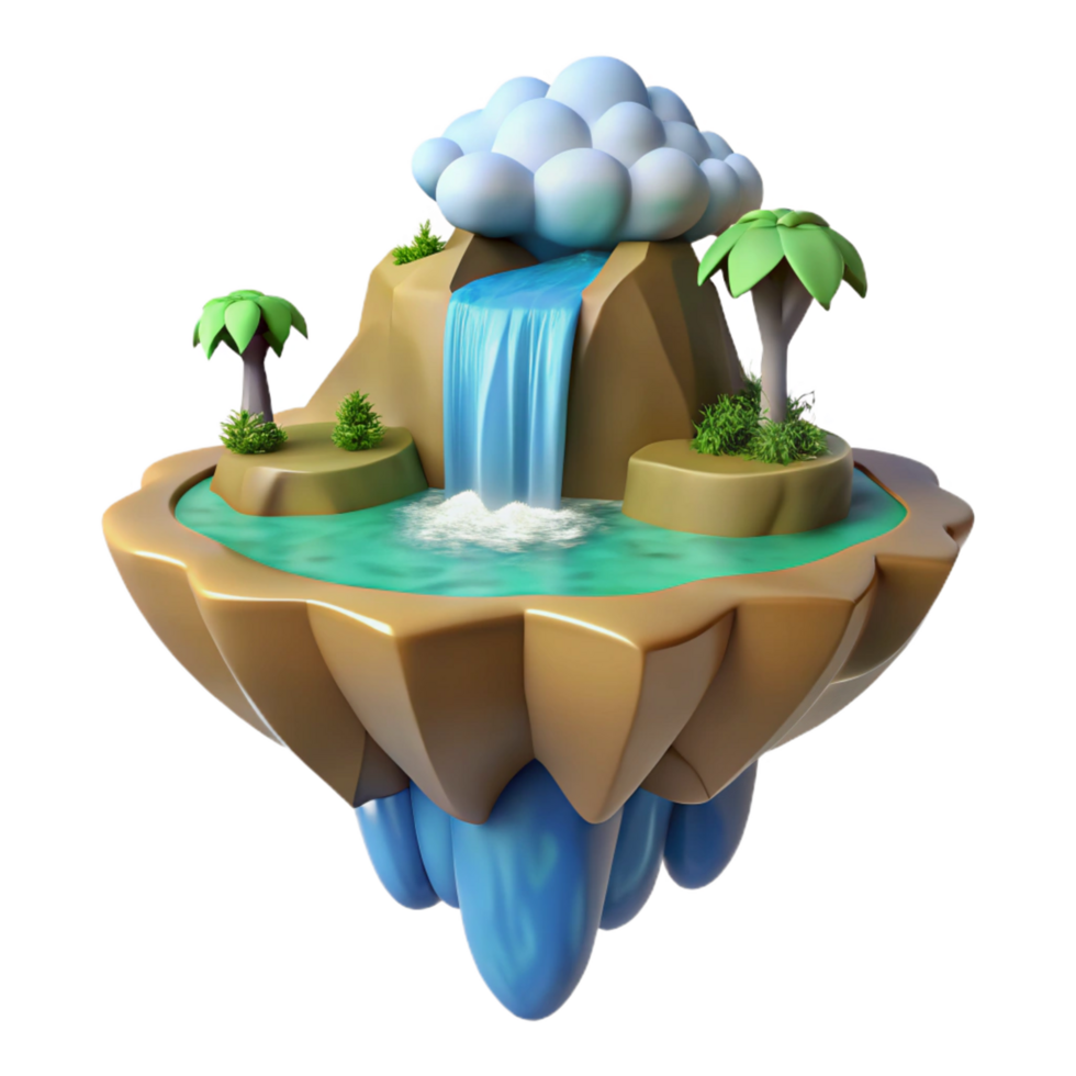 impressive vintage 3D Cartoon Island Waterfall Illustration high quality png