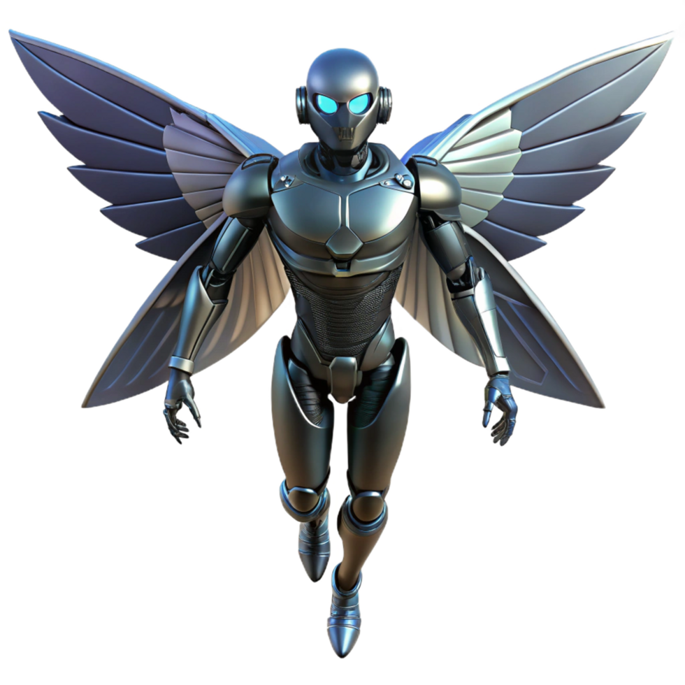 dramatic vintage Metallic winged robot 3D render detailed png
