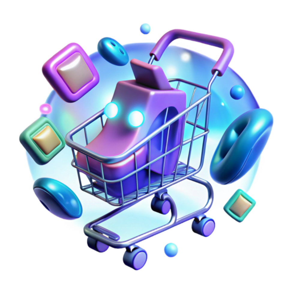 3D Shopping Cart with Colorful Objects png