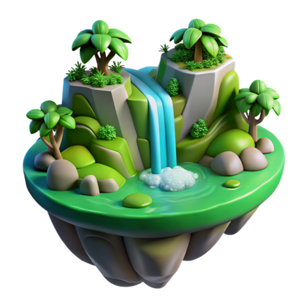Island Waterfall 3D Render of Lush Paradise png