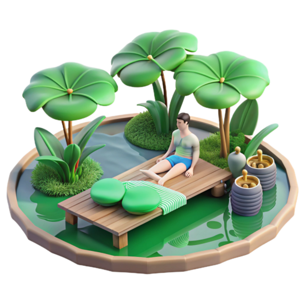 Tranquil Oasis Relaxing by a Pond with Lush Greenery png