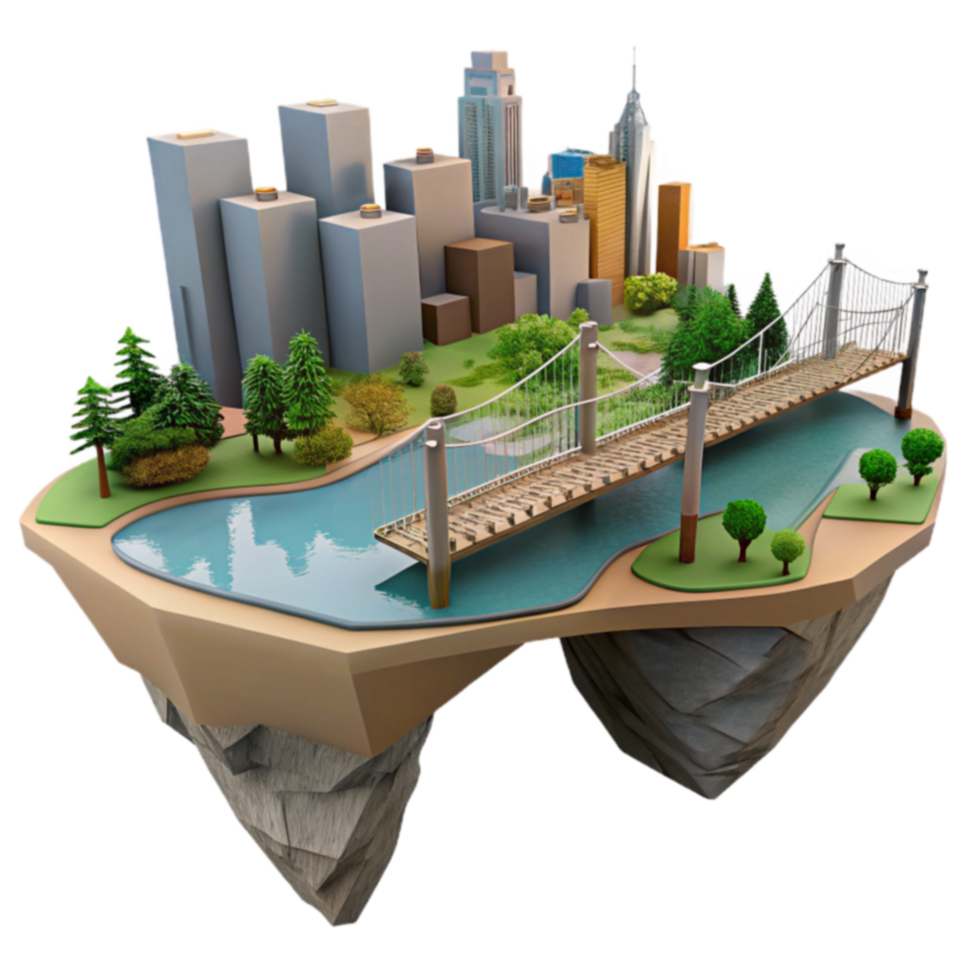 Floating Cityscape Urban Park, River, and Suspension Bridge png