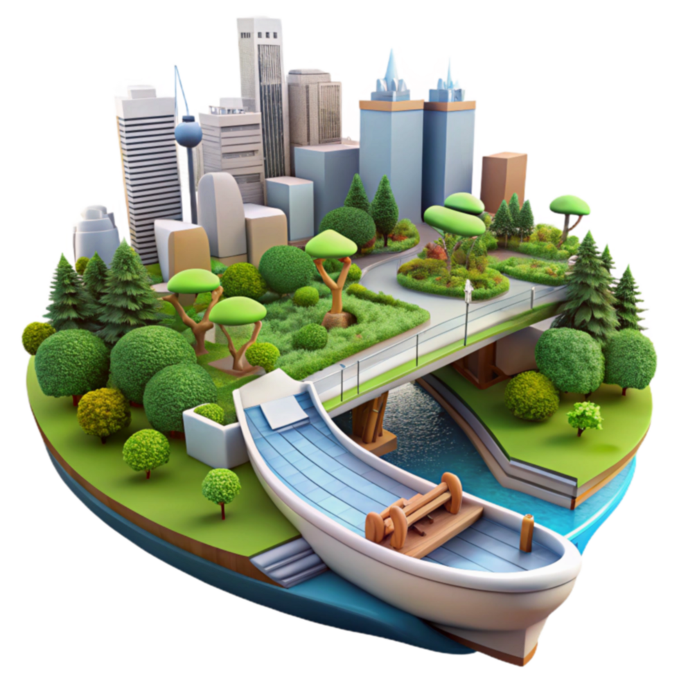 Urban Oasis Cityscape, Park, Canal, and Boat png