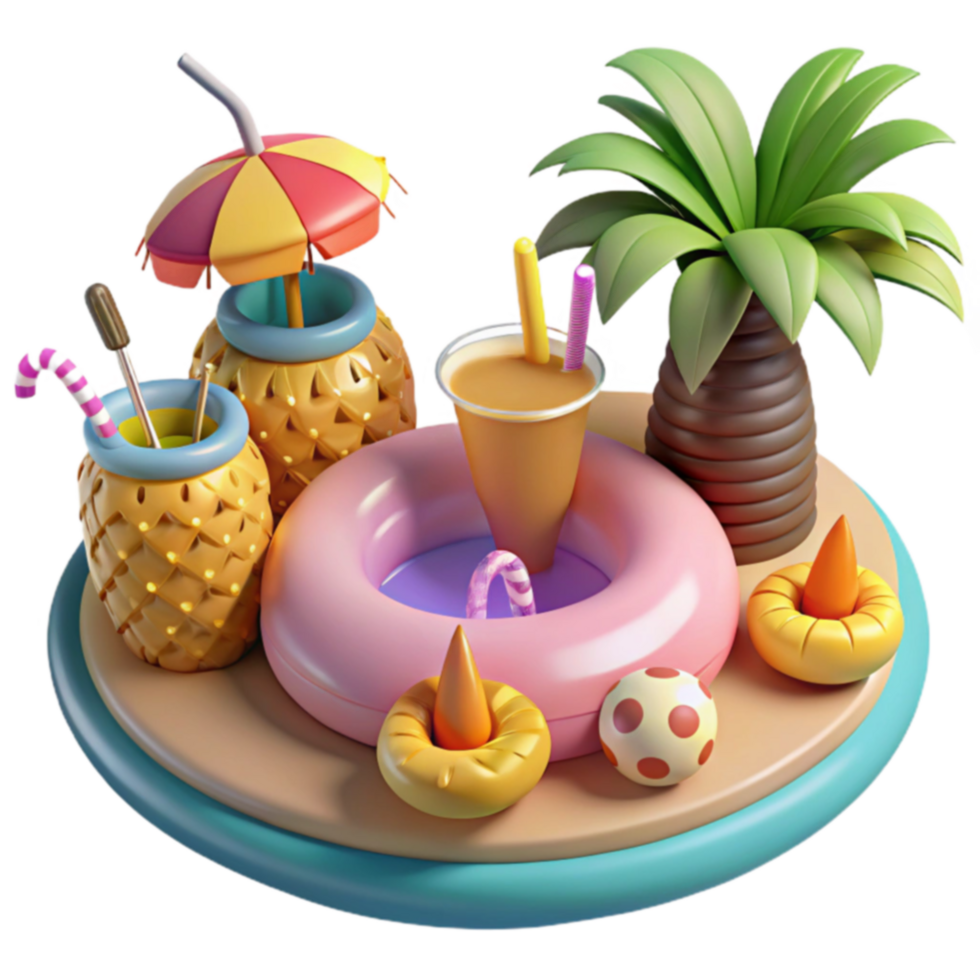 Summer Fun Tropical Drinks, Inflatable Ring, and Palm Tree png