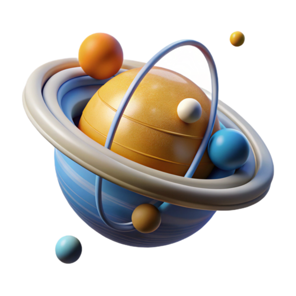 Abstract Planetary System 3D Render of Colorful Orbits and Celestial Bodies png