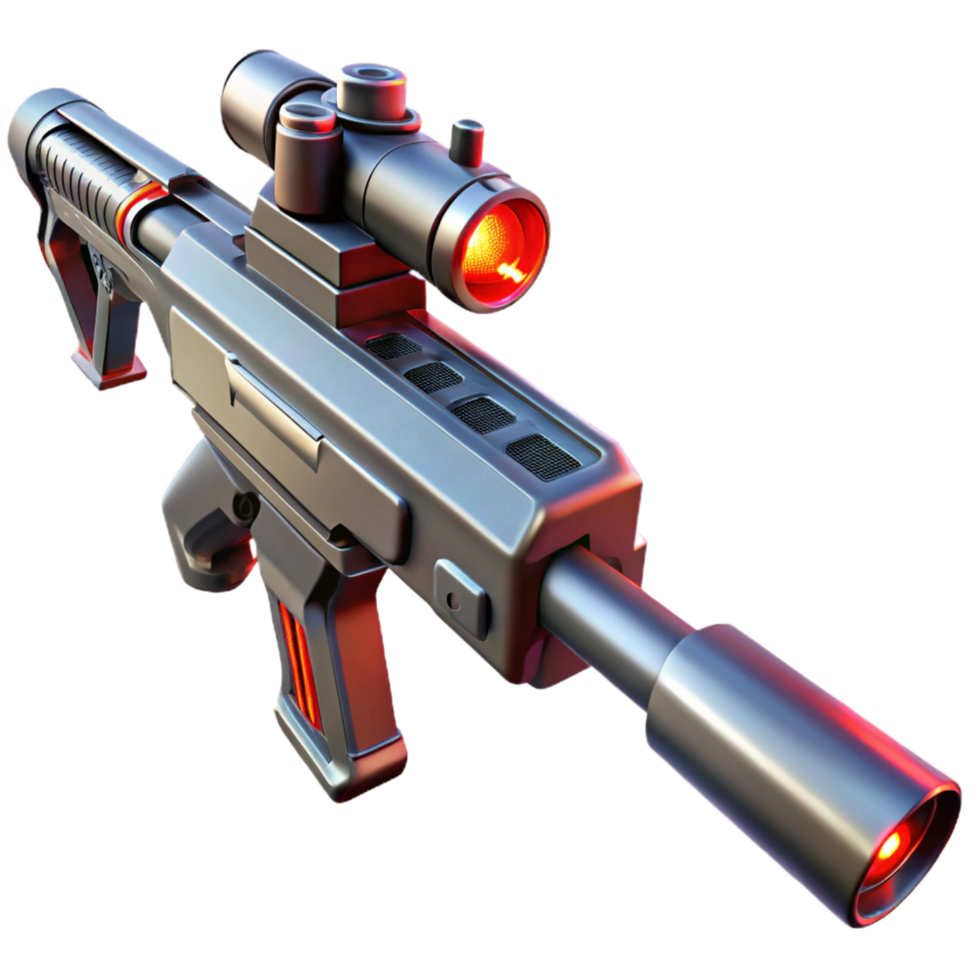 wonderful modern Futuristic 3D Model of a Sci Fi Laser Rifle with Red Targeting Laser Sight, Detailed Design and High Tech Weaponry detailed png