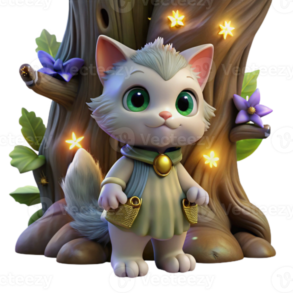 Enchanted Forest Kitten 3D Render of Cute Fantasy Cat png